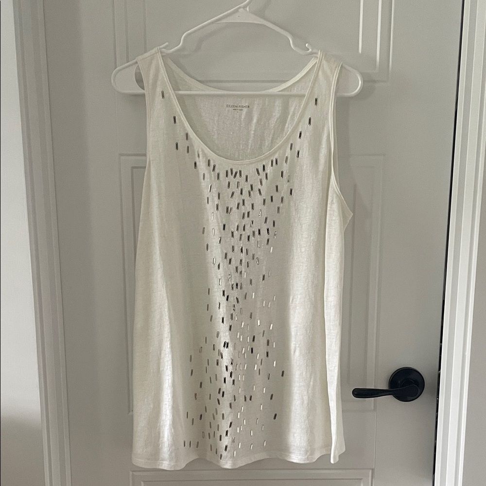 Eileen Fisher White Linen Tank Top with Silver Metallic Accents